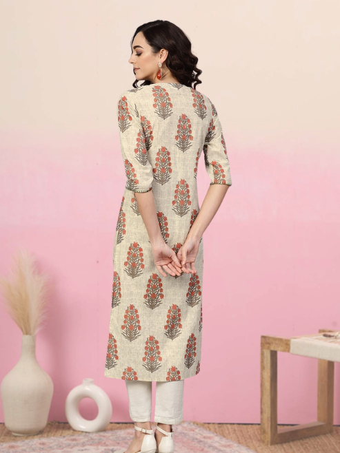 Cotton Cambric Sequin Work Straight Kurta (Beige)