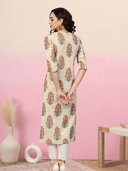 Cotton Cambric Sequin Work Straight Kurta (Beige)