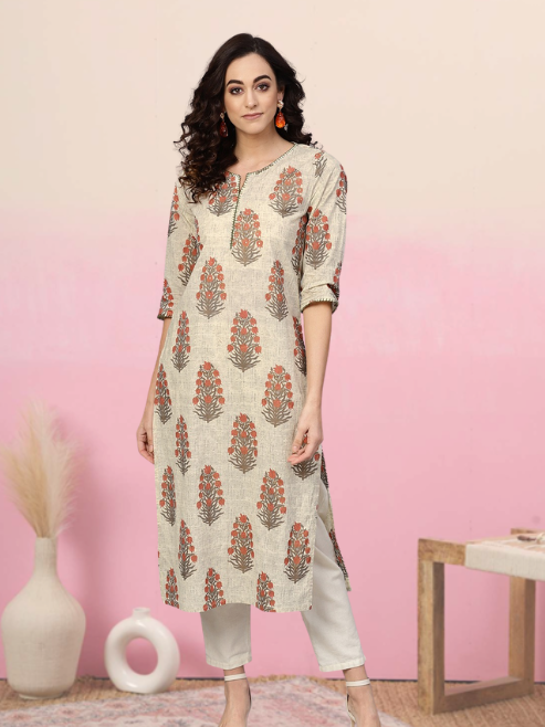 Cotton Cambric Sequin Work Straight Kurta (Beige)