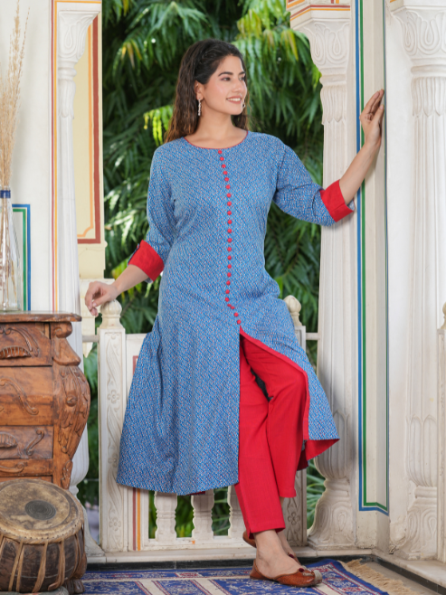 Rayon Geometric Print A-Line Kurta