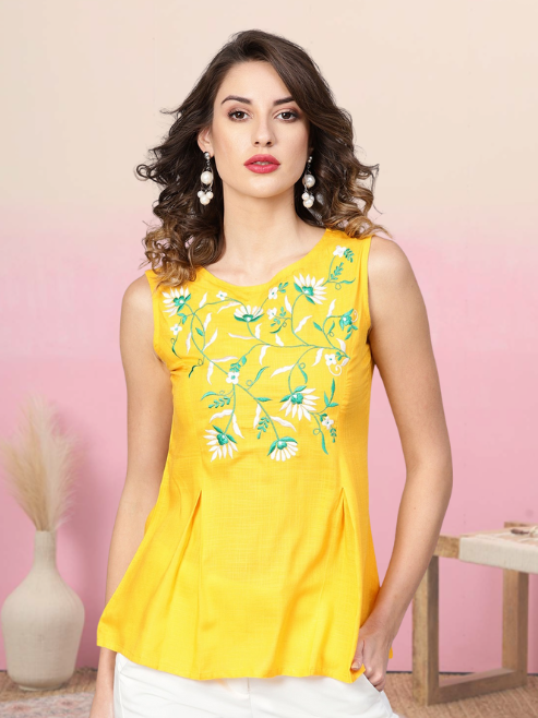women rayon slub embroidered regular top yellow