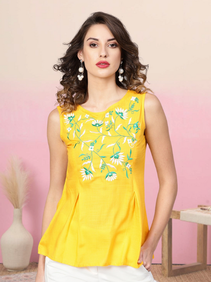 women rayon slub embroidered regular top yellow