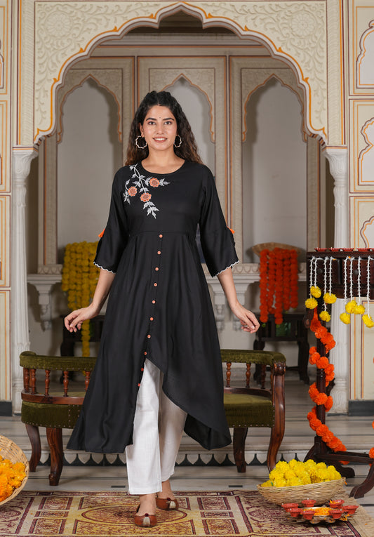 Rayon Embroidered Up & down Style kurta (Black)