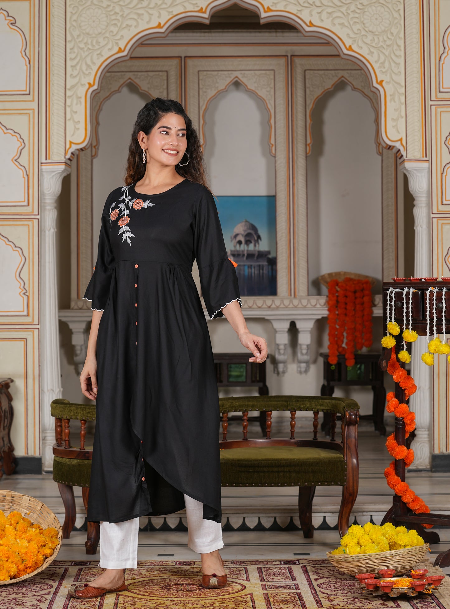 Rayon Embroidered Up & down Style kurta (Black)