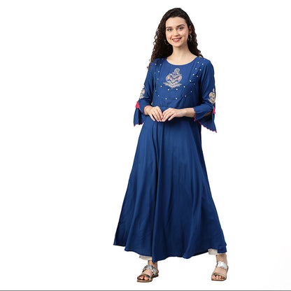 Rayon Dobby Pittan Embroidered Anarkali Kurta (Blue)