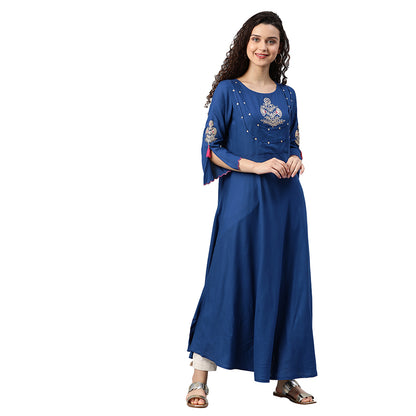 Rayon Dobby Pittan Embroidered Anarkali Kurta (Blue)