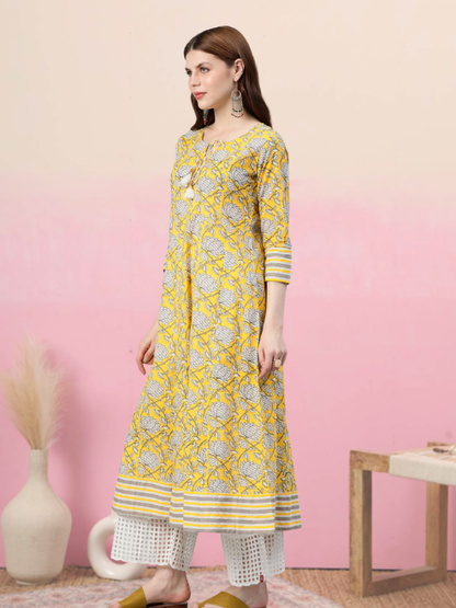 Cambric Cotton Floral Printed Anarkali Kurta (Lemon Yellow)