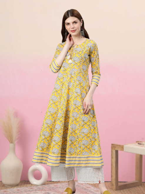Cambric Cotton Floral Printed Anarkali Kurta (Lemon Yellow)