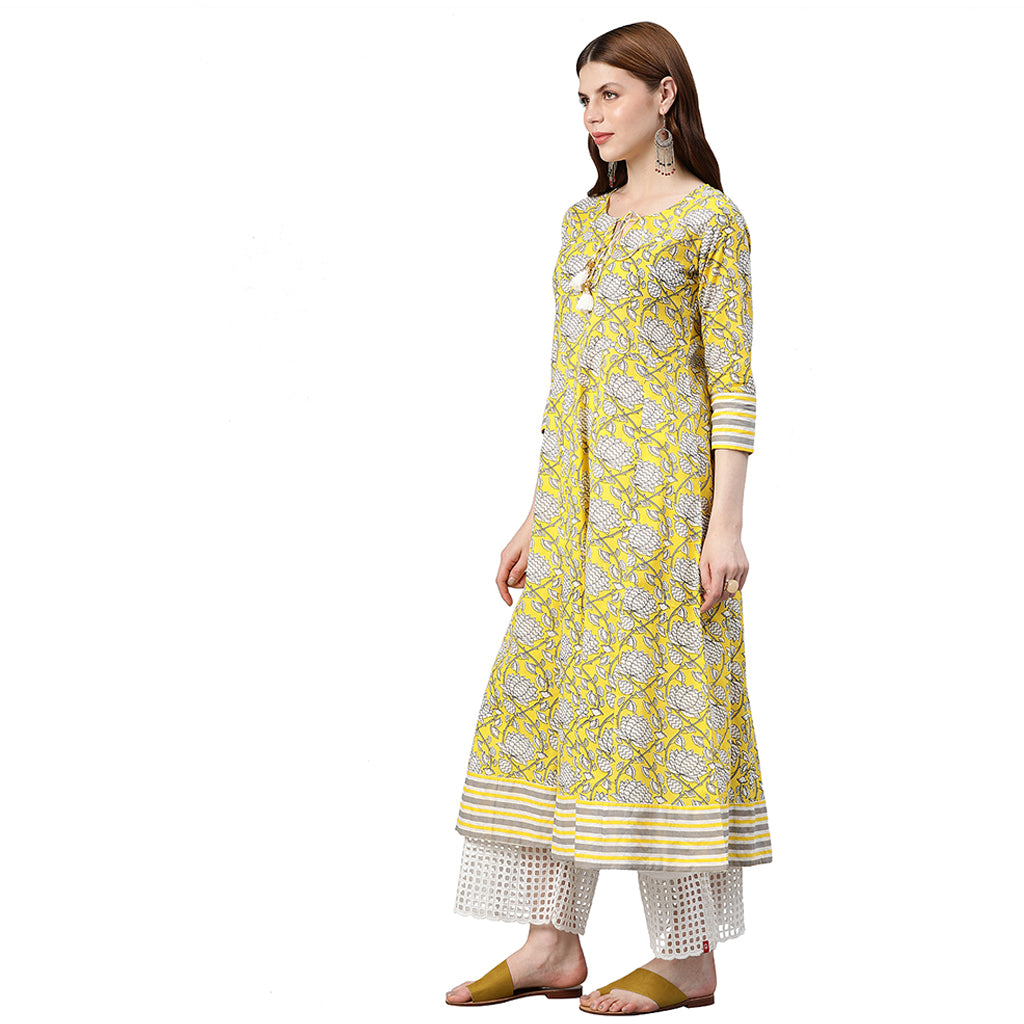 Cambric Cotton Floral Printed Anarkali Kurta (Lemon Yellow)