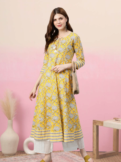 Cambric Cotton Floral Printed Anarkali Kurta (Lemon Yellow)