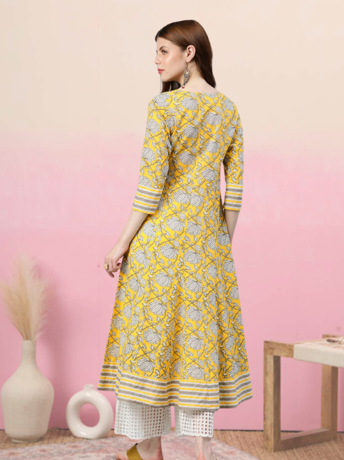 Cambric Cotton Floral Printed Anarkali Kurta (Lemon Yellow)