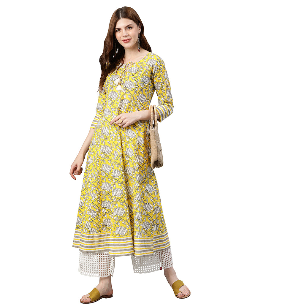 Cambric Cotton Floral Printed Anarkali Kurta (Lemon Yellow)