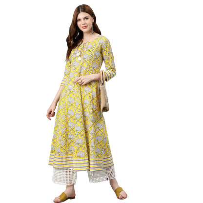 Cambric Cotton Floral Printed Anarkali Kurta (Lemon Yellow)