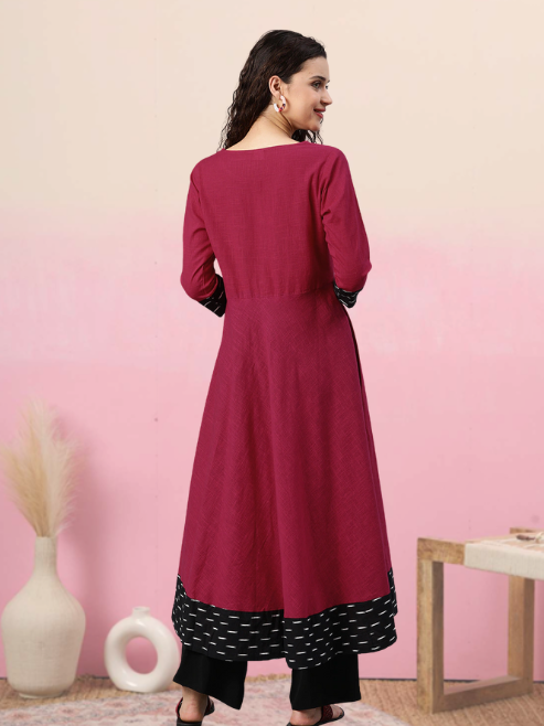 women cotton slub plain dye anarkali kurta pink
