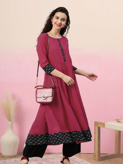women cotton slub plain dye anarkali kurta pink