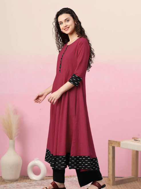 women cotton slub plain dye anarkali kurta pink