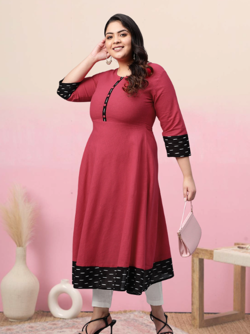 women cotton slub plain dye anarkali kurta pink