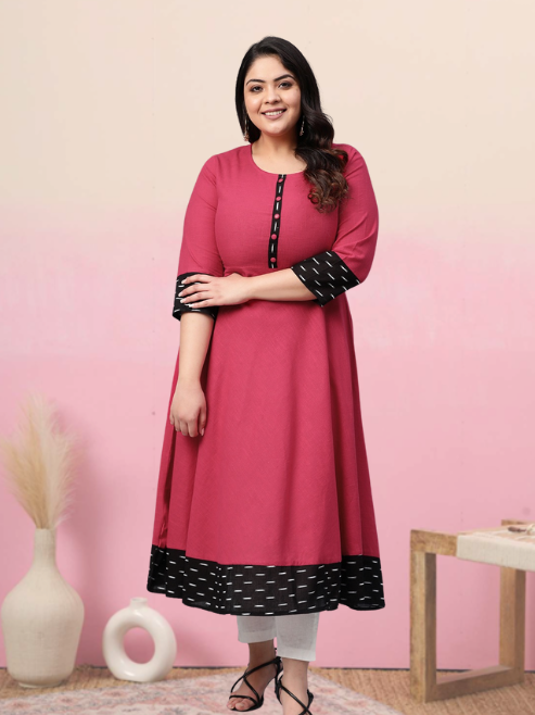 women cotton slub plain dye anarkali kurta pink