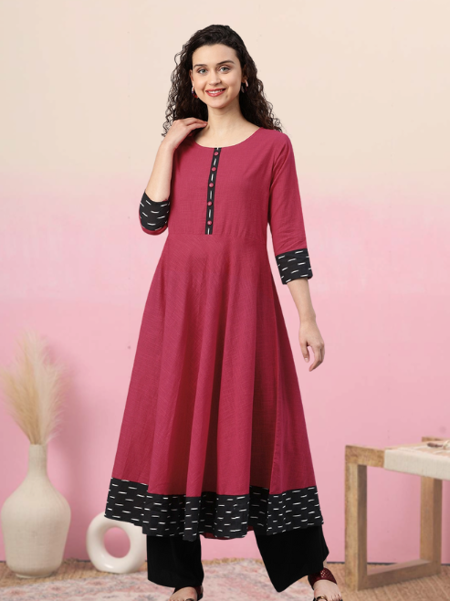 women cotton slub plain dye anarkali kurta pink