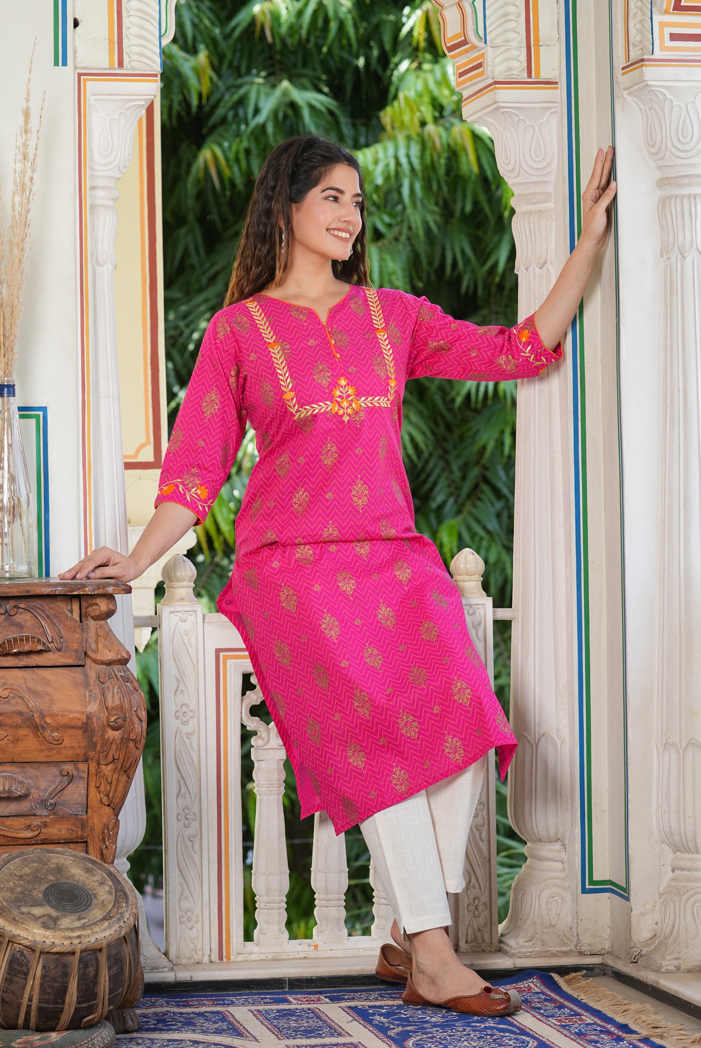 women cambric cotton zari embroidered straight kurta pink