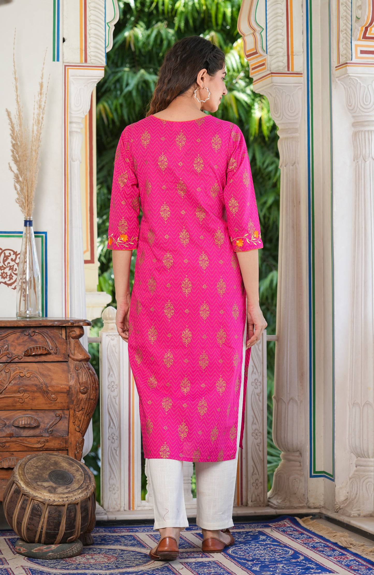 women cambric cotton zari embroidered straight kurta pink