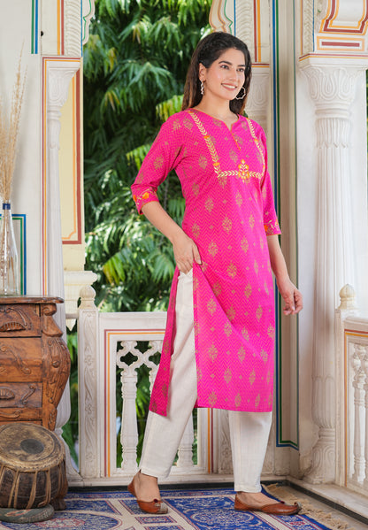 women cambric cotton zari embroidered straight kurta pink