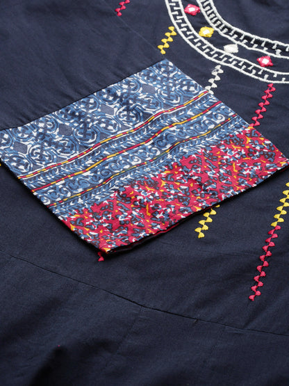 women cotton embroidered anarkali kurta blue