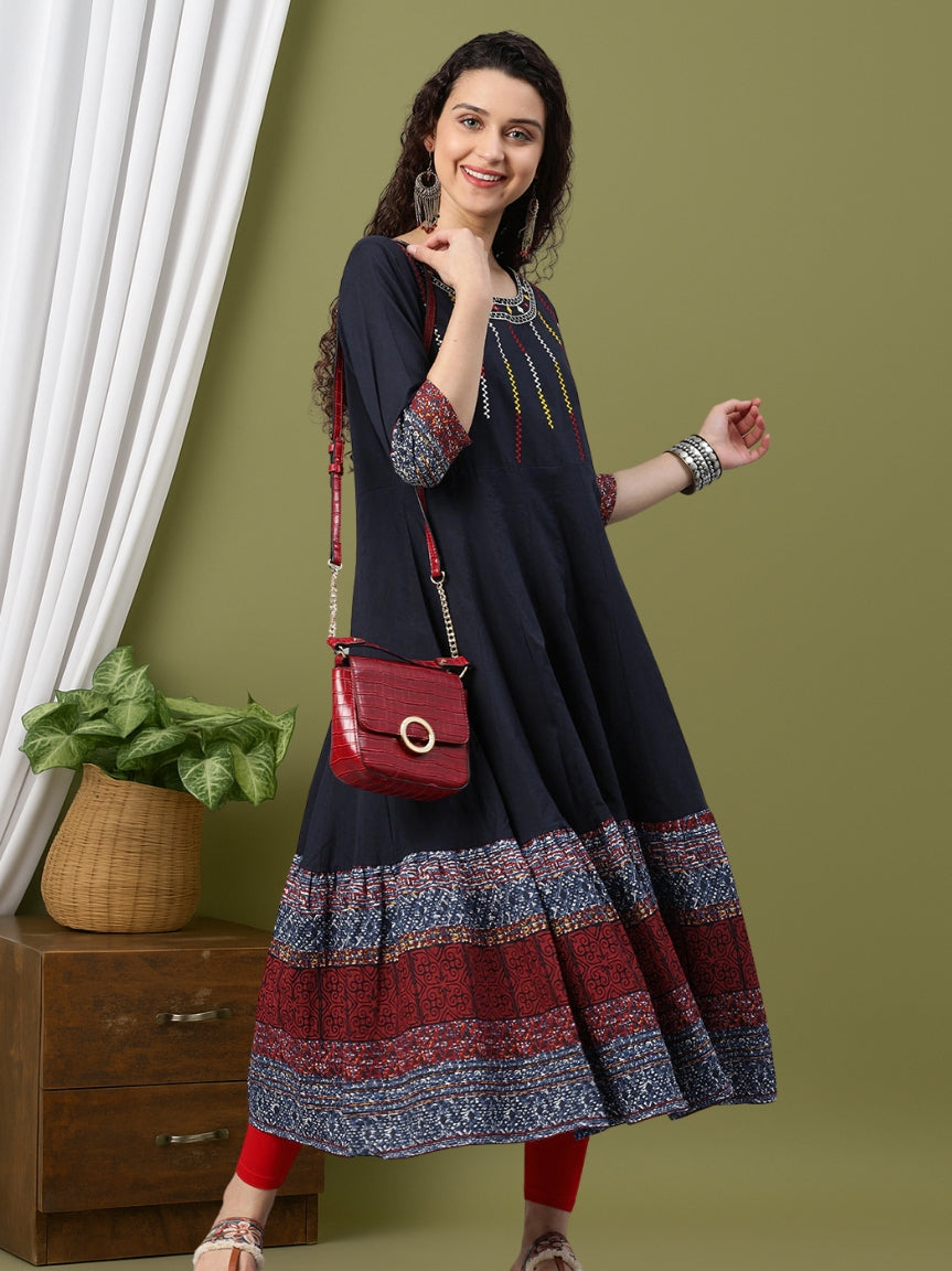 women cotton embroidered anarkali kurta blue