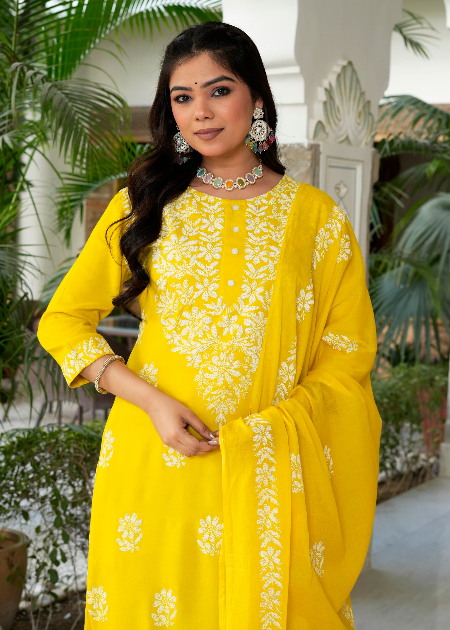 Yash Gallery Women’s Rayon Kurta Printed Chikankari Motifs with Dupatta and Plazzo , Round Neck, 3/4 Sleeves (Yellow)