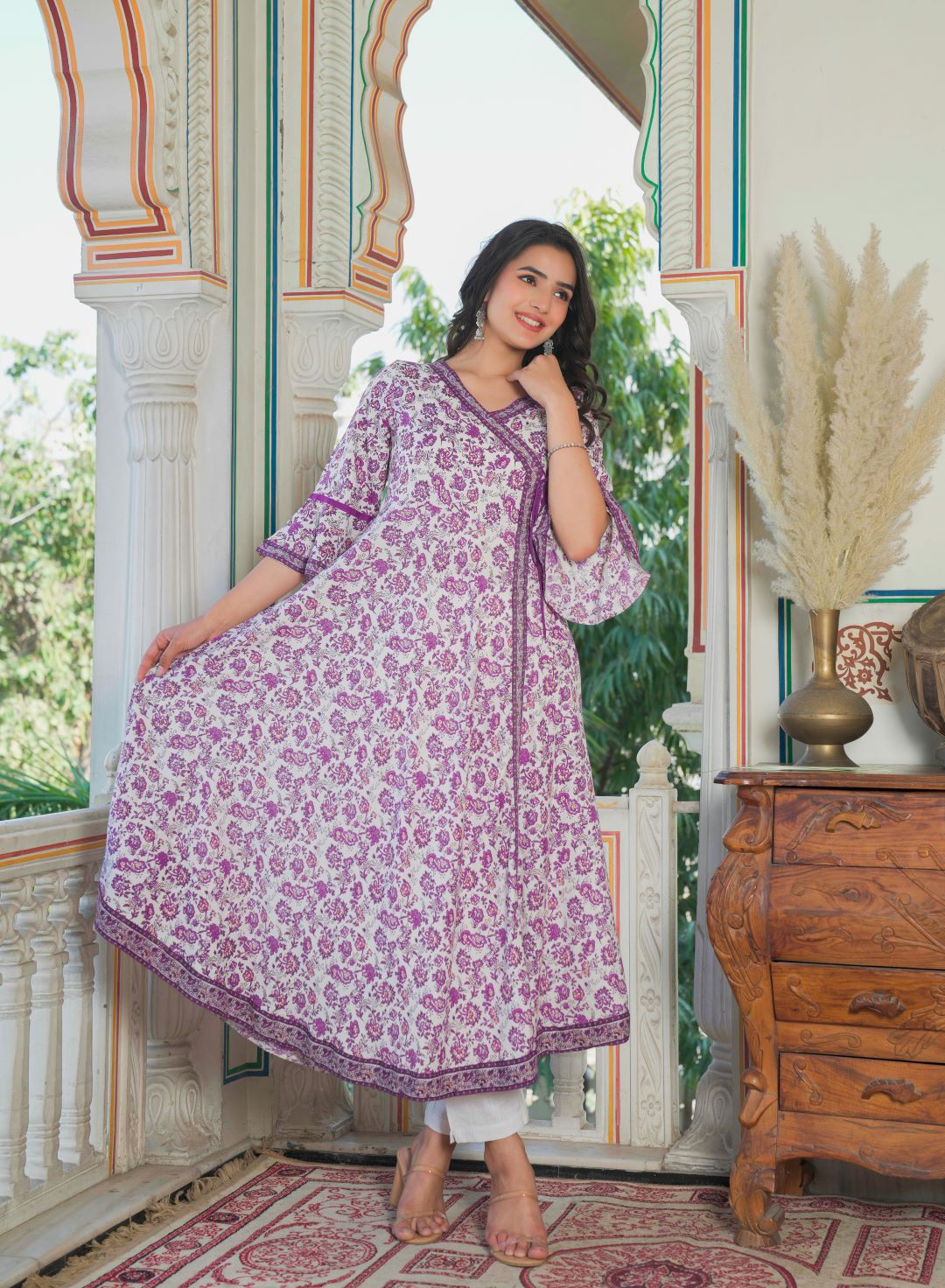 Rayon Floral Print Angrakha Kurta