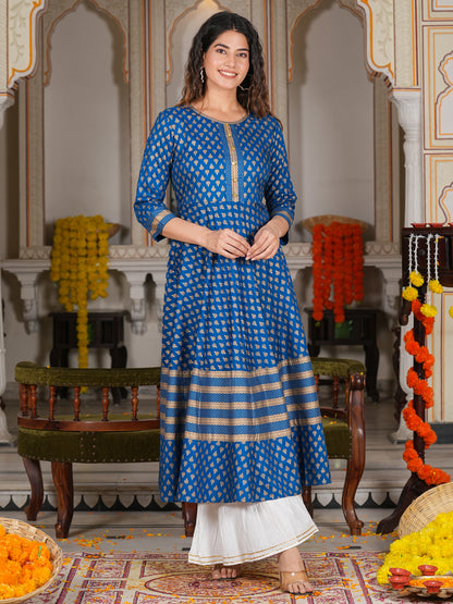 women rayon golden buti printed anarkali kurta blue