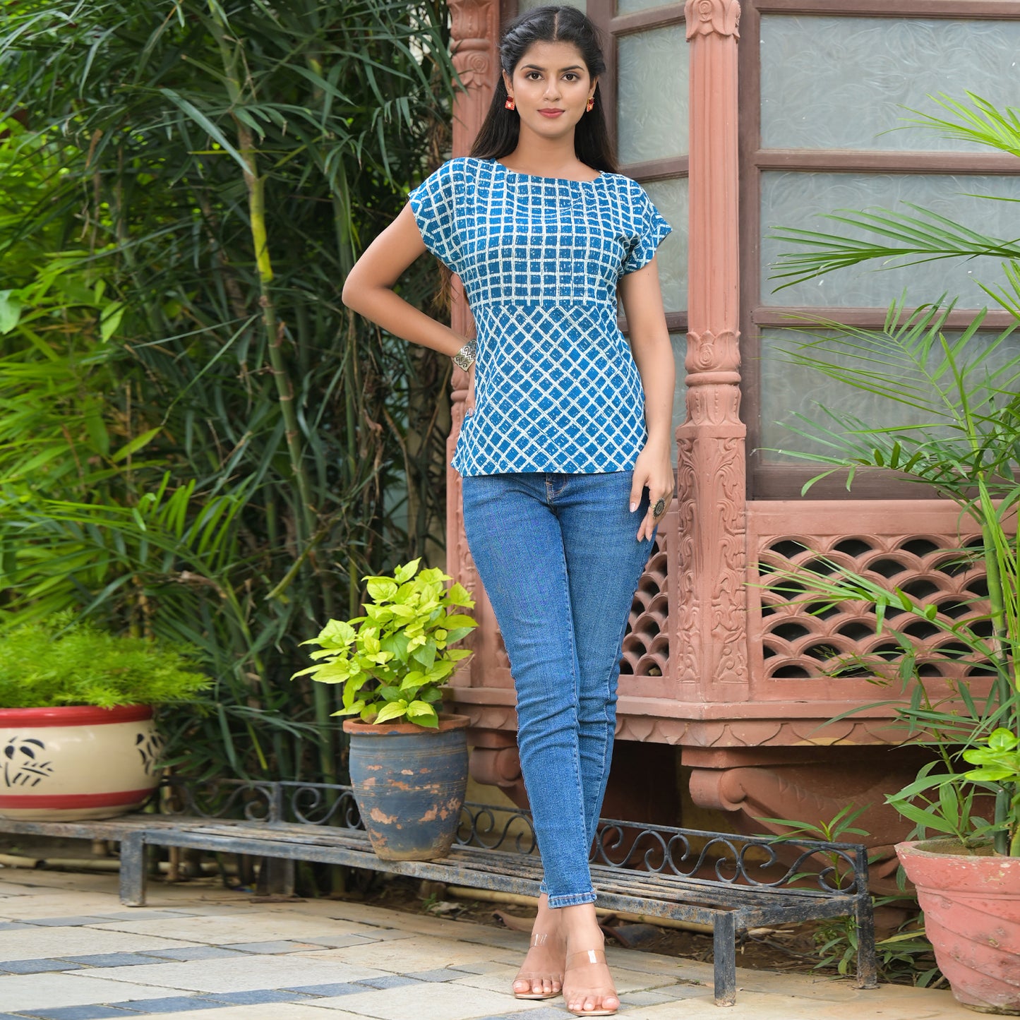 women cambric cotton checks print regular top indigo