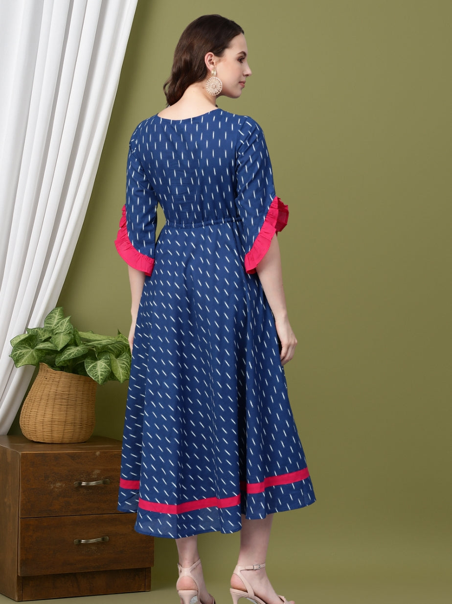 women cambric cotton embroidered ikat print anarkali kurta dress blue