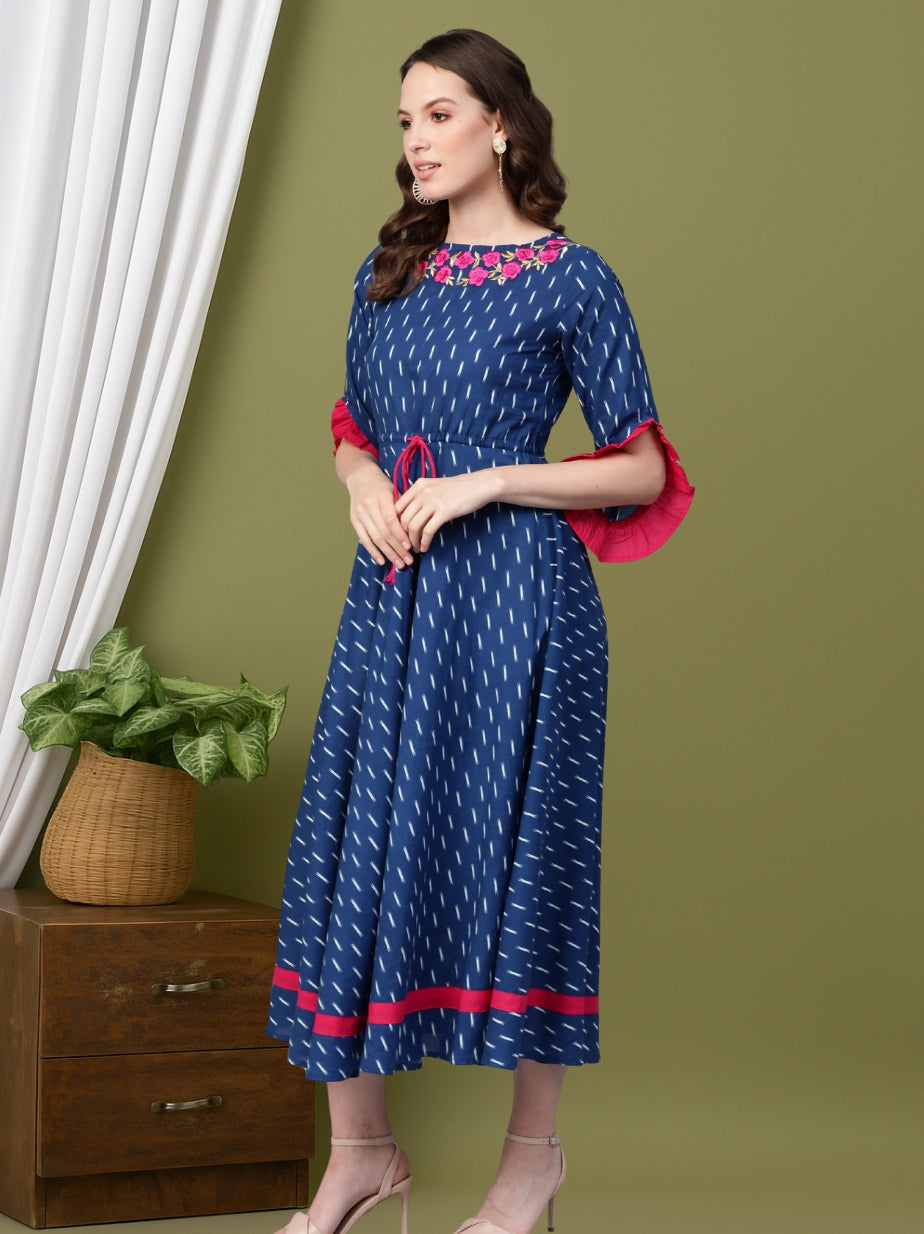 women cambric cotton embroidered ikat print anarkali kurta dress blue