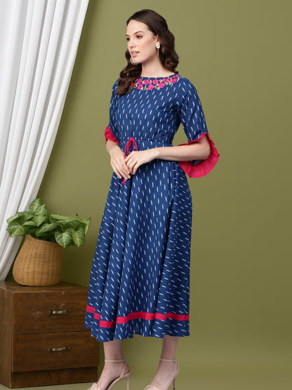 women cambric cotton embroidered ikat print anarkali kurta dress blue