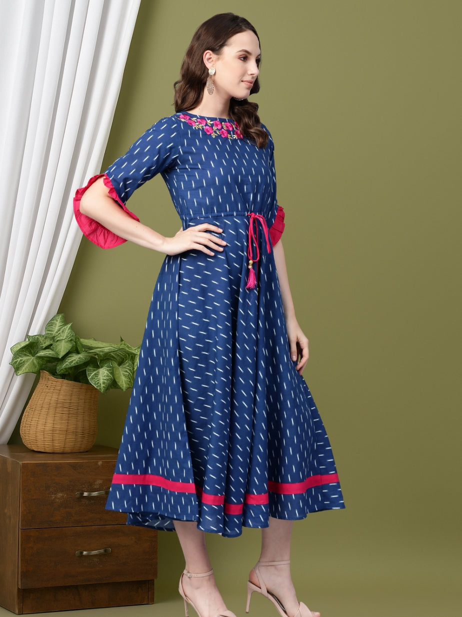 women cambric cotton embroidered ikat print anarkali kurta dress blue