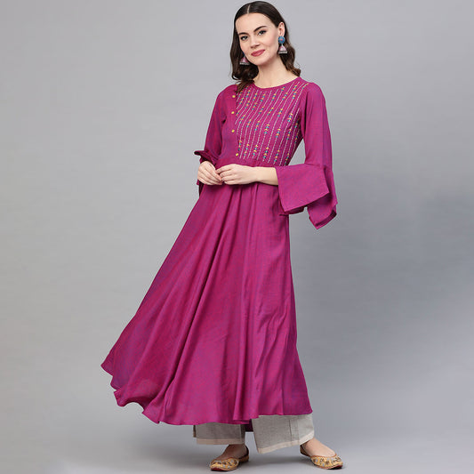 Viscose Embroidered Anarkali Kurta (Purple)