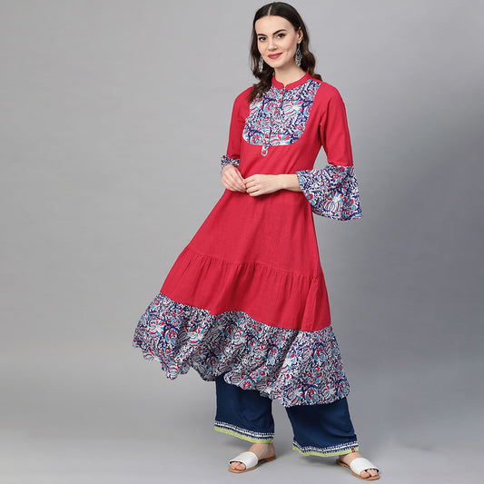 Rayon & Cotton Slub Ajrakh Print Tiered Anarkali Kurta (Pink)