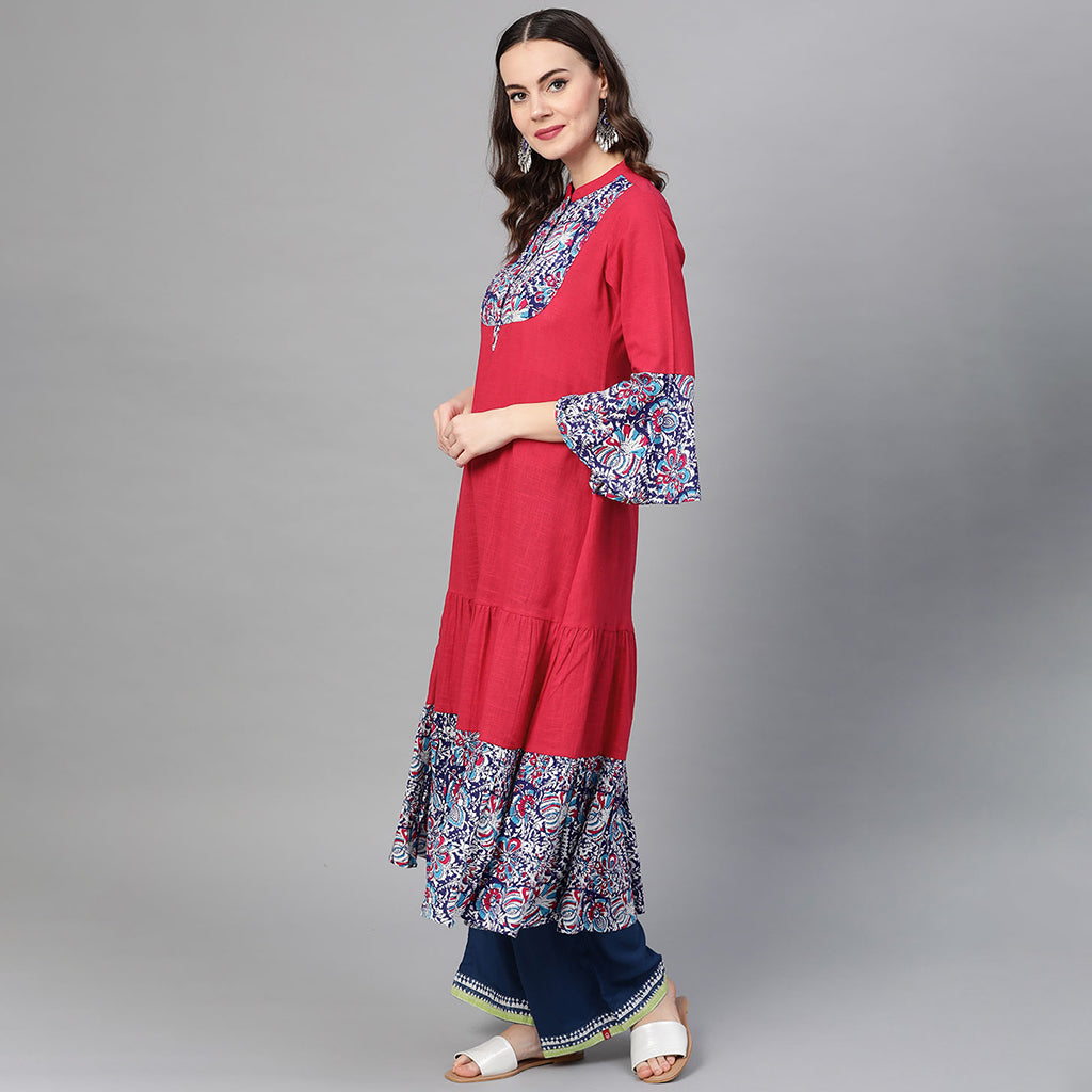 Rayon & Cotton Slub Ajrakh Print Tiered Anarkali Kurta (Pink)