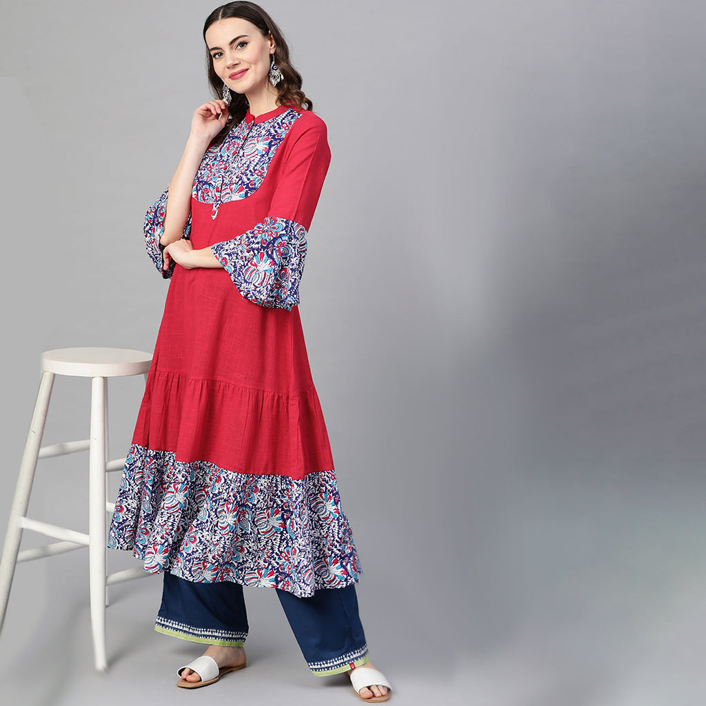 Rayon & Cotton Slub Ajrakh Print Tiered Anarkali Kurta (Pink)