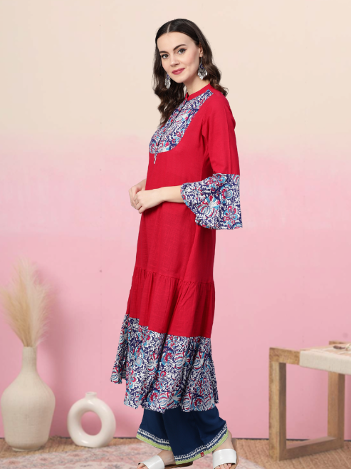 Rayon & Cotton Slub Ajrakh Print Tiered Anarkali Kurta (Pink)