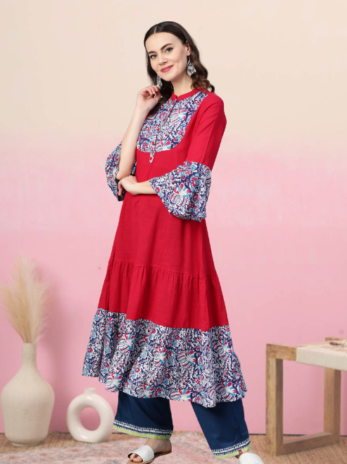 Rayon & Cotton Slub Ajrakh Print Tiered Anarkali Kurta (Pink)