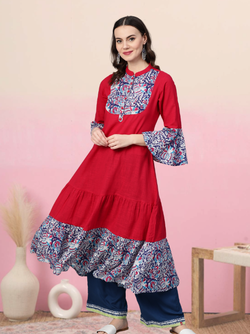 Rayon & Cotton Slub Ajrakh Print Tiered Anarkali Kurta (Pink)