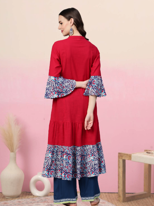 Rayon & Cotton Slub Ajrakh Print Tiered Anarkali Kurta (Pink)