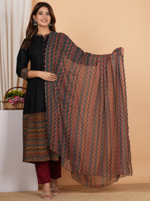 yash gallery womens rayon calf length zigzag printed 3 4th sleeve regular fitted black a line kurta with zig zag printed dupatta