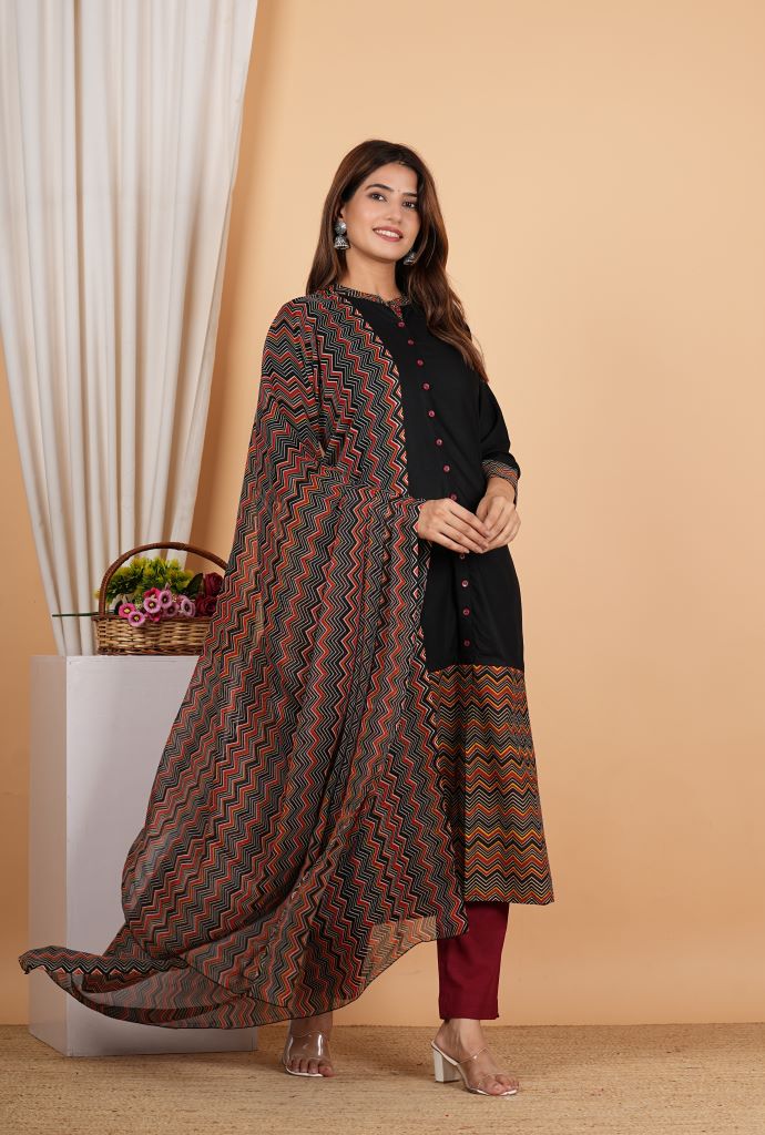 YASH GALLERY Women's Rayon Calf Length Zigzag Printed 3/4th Sleeve Regular Fitted Black A-line Kurta with Zig-Zag Printed Dupatta