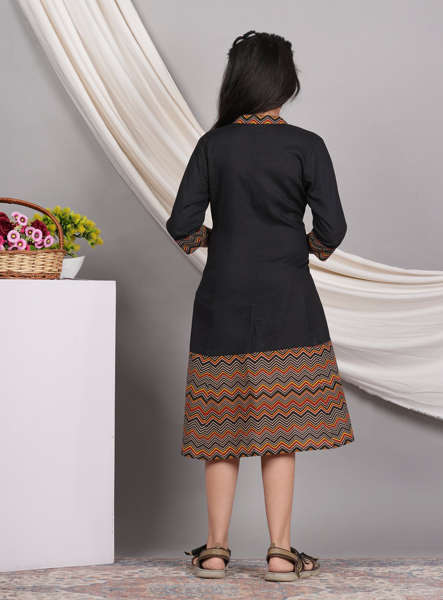 yash gallery kids rayon cotton zig zag printed a line kurta black