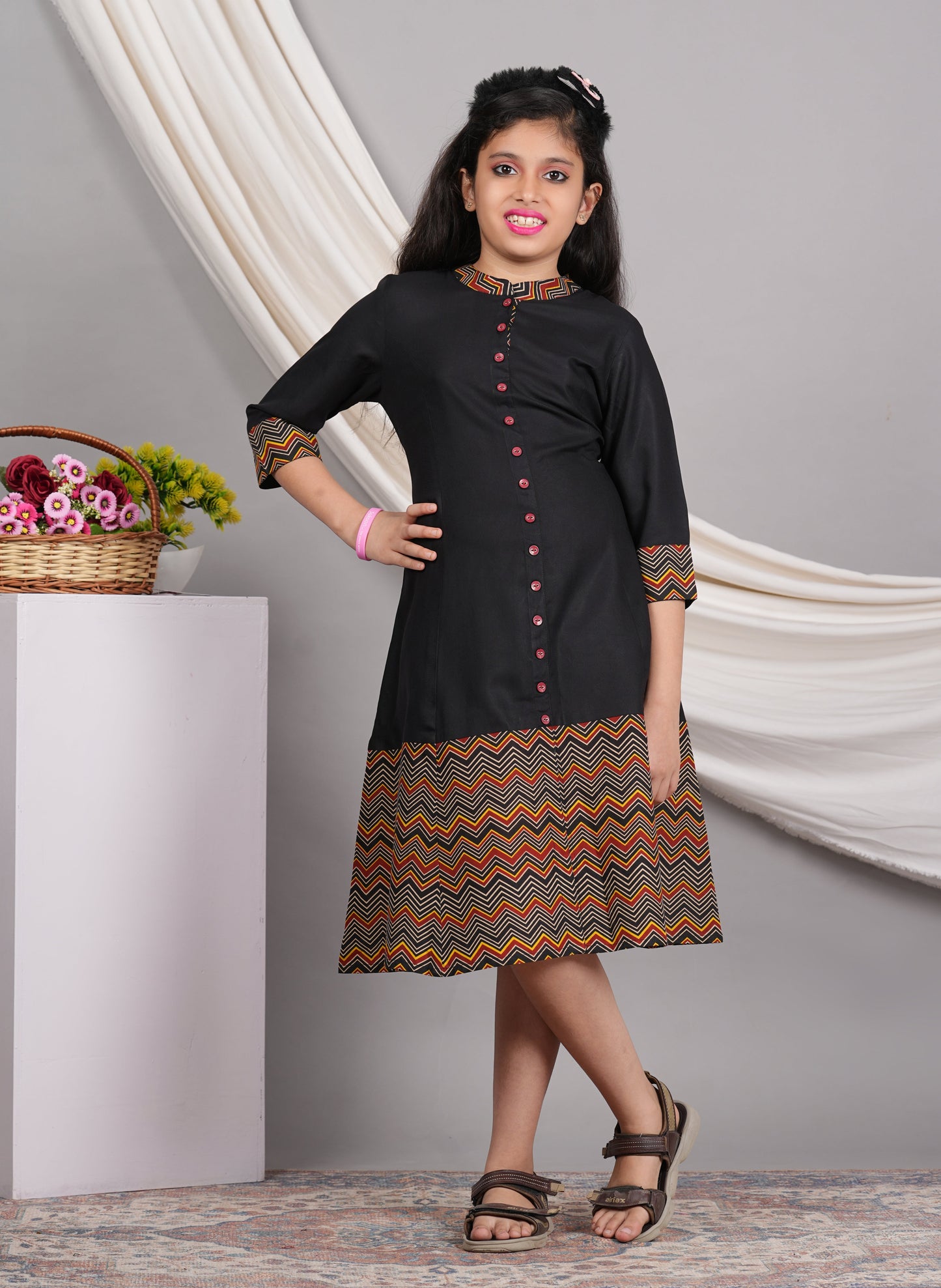 yash gallery kids rayon cotton zig zag printed a line kurta black