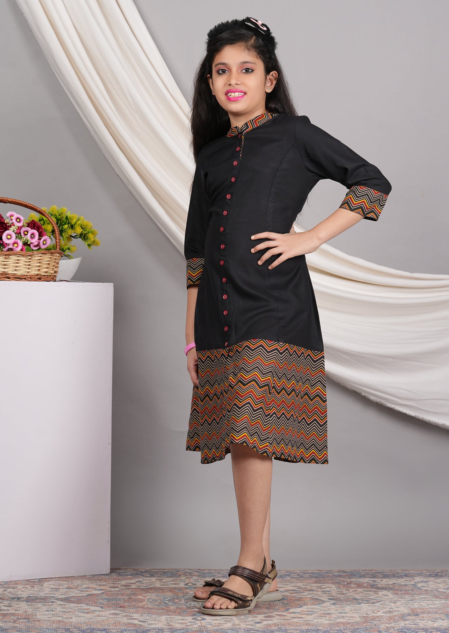 yash gallery kids rayon cotton zig zag printed a line kurta black