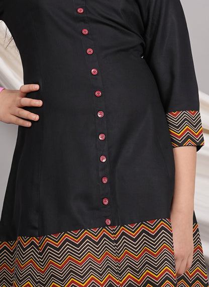 yash gallery kids rayon cotton zig zag printed a line kurta black
